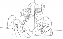 Size: 2402x1477 | Tagged: safe, artist:airship-king, oc, oc only, oc:bit shift, pony, robot, robot pony, unicorn, fallout equestria, brain, brainless, clothes, derp, horn, jumpsuit, male, monochrome, open mouth, organs, pencil drawing, pipbuck, robobrain, simple background, solo, stumbling, tongue out, traditional art, vault suit, white background