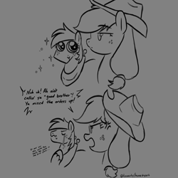 Size: 3000x3000 | Tagged: safe, artist:texacity, applejack, big macintosh, earth pony, pony, g4, the last problem, applejack's hat, big eyes, brother and sister, bust, cowboy hat, cross-popping veins, crying, cute, dialogue, duo, duo male and female, emanata, eyelashes, female, gray background, grayscale, hat, high res, i'm not calling you good boy, macabetes, male, mare, meme, monochrome, ponified meme, siblings, simple background, sparkles, stallion, wavy mouth