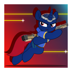 Size: 5000x5000 | Tagged: safe, artist:jhayarr23, oc, oc only, oc:bit shift, pony, unicorn, fallout equestria, action, action pose, blue coat, brain, clothes, gradient background, horn, jumpsuit, laser, laser pistol, male, organs, passepartout, red eyes, red tail, solo, tail, vault suit