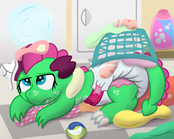 Size: 3000x2400 | Tagged: safe, artist:sweetielover, oc, oc only, oc:goldigony, dragon, g4, accident, basket, clothes, diaper, dryer, falling, female, high res, jar, laundry, soap, solo, underwear, washing machine