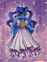 Size: 2250x3000 | Tagged: safe, artist:dariarchangel, princess luna, alicorn, pony, semi-anthro, g4, bipedal, blue coat, blue eyes, clothes, crescent moon, crossover, cute, dress, ear piercing, earring, ethereal hair, ethereal mane, female, jewelry, looking at you, lunabetes, mare, moon, necklace, odango, piercing, princess serenity, purple background, sailor luna, sailor moon, sailor moon (series), solo, starry mane, stars, wavy mane, white dress