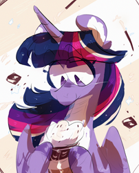 Size: 2550x3150 | Tagged: safe, artist:pakmur, twilight sparkle, alicorn, pony, g4, abstract background, alternate design, bust, chest fluff, countershading, drink, ear fluff, milkshake, portrait, solo, twilight sparkle (alicorn)