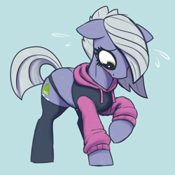 Size: 3000x3000 | Tagged: safe, artist:t72b, limestone pie, earth pony, pony, g4, blue background, blushing, clothes, cropped hoodie, cyan background, embarrassed, female, hoodie, looking down, mare, paggi outfit, panties, raised hoof, raised tail, simple background, socks, solo, sweat, sweatdrops, tail, thigh highs, underwear