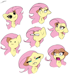 Size: 3000x3300 | Tagged: safe, artist:skitsroom, fluttershy, pegasus, pony, g4, :3, :i, angry, annoyed, bust, cute, expressions, eye bulging, eyebrows, eyebrows visible through hair, facial expressions, female, high res, mare, open mouth, shocked, shyabetes, simple background, smiling, solo, white background