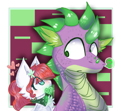 Size: 948x872 | Tagged: safe, artist:jaegerinune, spike, oc, oc:abilene rouge, dragon, pony, unicorn, g4, abstract background, adult, adult spike, awkward, bandana, blush lines, blushing, bust, checkered background, crush, duo, duo male and female, emerald, eye clipping through hair, female, filly, floating heart, flower, flower in hair, foal, gem, heart, heart shaped, horn, looking at each other, looking at someone, male, mouth hold, offspring, older, older spike, parent:big macintosh, parent:rarity, parents:rarimac, question mark, simple background, transparent background, uncle and niece