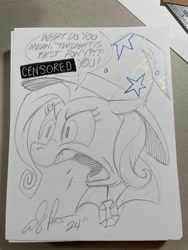 Size: 1536x2048 | Tagged: safe, artist:andy price, trixie, pony, unicorn, g4, andy you magnificent bastard, angry, censored, censored vulgarity, clothes, female, hat, horn, mare, partial color, pencil drawing, solo, traditional art, trixie's hat, yelling