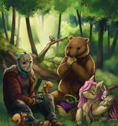 Size: 1500x1600 | Tagged: safe, artist:shupito, angel bunny, fluttershy, bear, human, pegasus, pony, rabbit, squirrel, g4, animal, cloven hooves, crossed hooves, crossover, eating, female, food, forest, hockey mask, human male, jason voorhees, lying down, male, mare, mask, nature, picnic, prone, sandwich, smiling, tree