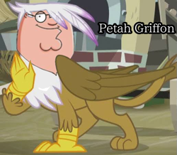 Size: 515x450 | Tagged: safe, edit, edited screencap, screencap, gilda, griffon, human, anthro, g4, the lost treasure of griffonstone, brick, brick wall, bricks, claws, family guy, glasses, griffonstone, hair over one eye, humanized, leonine tail, looking at you, meme, peter griffin, smiling, smiling at you, smirk, solo, tail, text, waving, waving at you, wings