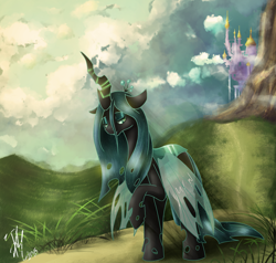 Size: 5247x5000 | Tagged: safe, artist:alicetimber, queen chrysalis, changeling, changeling queen, g4, absurd resolution, canterlot, crown, female, jewelry, raised hoof, regalia, solo