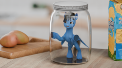 Size: 3840x2160 | Tagged: safe, artist:jaypasta, artist:mr_nate89, oc, oc only, oc:nate, pegasus, g5, 3d, 3d model, blender, food, jar, lewd container meme, lid, male, mango, meme, smol, solo, the implications are horrible, this will not end well, uh oh, underhoof, why