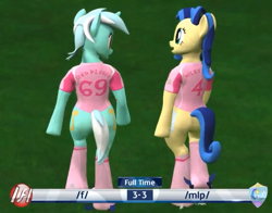 Size: 814x637 | Tagged: safe, lyra heartstrings, oc, oc:milky way, earth pony, anthro, unguligrade anthro, g4, 4chan cup, arm hooves, ass, bipedal, butt, duo, duo female, female, game screencap, lyra plushie, mare, plushie