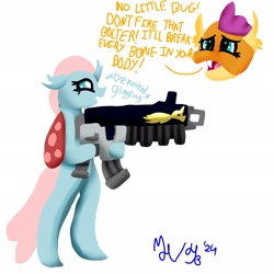 Size: 2048x2048 | Tagged: safe, artist:mlphero, ocellus, smolder, changeling, dragon, g4, bipedal, bolter, descriptive noise, duo, duo female, female, gun, lesbian, ship:smolcellus, shipping, simple background, this will end in pain, warhammer (game), warhammer 40k, weapon, white background