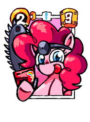Size: 377x509 | Tagged: safe, artist:randomguy20034, pinkie pie, earth pony, pony, cupcakes hd, fanfic:cupcakes, g4, card, chainsaw, creepypasta, exe card, female, looking at you, mare, pixel-crisp art, simple background, smiling, smiling at you, sonic the hedgehog (series), sticker, super mario bros., tongue out, transparent background