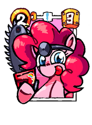 Size: 377x509 | Tagged: safe, artist:randomguy20034, pinkie pie, earth pony, pony, cupcakes hd, fanfic:cupcakes, g4, card, chainsaw, creepypasta, exe card, female, looking at you, mare, pixel-crisp art, simple background, smiling, smiling at you, solo, sonic the hedgehog (series), sticker, super mario bros., tongue out, transparent background