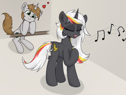 Size: 1124x843 | Tagged: safe, artist:門久, oc, oc only, oc:littlepip, oc:velvet remedy, pony, unicorn, fallout equestria, cheek fluff, chest fluff, dock, duo, duo female, eyes closed, female, heart, horn, leg fluff, lesbian, mare, music notes, oc x oc, ship:velvetpip, shipping, singing, smiling, tail