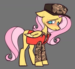 Size: 1595x1479 | Tagged: safe, artist:partyponypower, fluttershy, pegasus, pony, g4, bobby baccalieri, camouflage, cap, clothes, collared shirt, colored, colored sketch, colored wings, colored wingtips, eyelashes, female, flat colors, folded wings, frown, gray background, hat, lidded eyes, looking back, mare, missing cutie mark, no catchlights, no pupils, pink mane, pink tail, shirt, simple background, sketch, solo, standing, tail, the sopranos, two toned mane, two toned tail, two toned wings, vest, wavy mane, wavy tail, wings, yellow wingtips