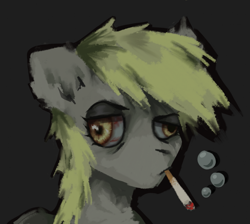 Size: 2027x1817 | Tagged: safe, artist:axeill, derpy hooves, pony, g4, bloodshot eyes, bubble, bust, cigarette, portrait, simple background, solo