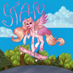 Size: 3000x3000 | Tagged: safe, artist:aasuri-art, oc, oc only, oc:star, pegasus, pony, bandage, cloud, detailed background, forest, high res, looking at you, nature, pink eyes, skateboard, skates, skating, sky, solo, tree