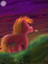 Size: 2048x2732 | Tagged: artist needed, safe, big macintosh, pear butter, earth pony, pony, g4, digital art, moon, outdoors, shading, stars, straw in mouth, sunset, when you see it, yellow grass