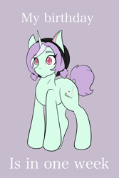 Size: 1365x2048 | Tagged: safe, artist:mscolorsplash, oc, oc only, oc:mod chi, pony, unicorn, beanie, blank stare, colored pupils, eye clipping through hair, eyebrows, eyebrows visible through hair, female, gray background, hat, horn, mare, ponysona, purple background, simple background, solo, text