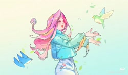Size: 1835x1080 | Tagged: safe, artist:布丁, fluttershy, bird, human, g4, clothes, feather, gradient background, humanized, red little book source, solo