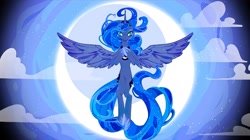 Size: 2160x1212 | Tagged: safe, artist:布丁, princess luna, alicorn, pony, g4, belly, concave belly, majestic, moon, slender, solo, spread wings, tall, thin, wings