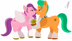 Size: 1920x1080 | Tagged: safe, artist:sdfabian, hitch trailblazer, pipp petals, earth pony, pegasus, pony, g5, blaze (coat marking), coat markings, colored wings, crown, duo, duo male and female, facial markings, female, hoof heart, jewelry, lidded eyes, looking at each other, looking at someone, male, mare, regalia, sheriff's badge, ship:pitch, shipping, simple background, socks (coat markings), spread wings, stallion, straight, underhoof, white background, wings