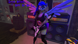 Size: 3840x2160 | Tagged: safe, artist:rainsstudio, oc, oc only, oc:black rain, alicorn, anthro, plantigrade anthro, 3d, alcohol, alicorn oc, arm warmers, barrel, big breasts, bottle, breasts, clothes, drink, electric guitar, female, flying v, guitar, guitar amp, halestorm, horn, microphone, microphone stand, musical instrument, nexgen, playing guitar, playing instrument, rule 63, shirt, shorts, singing, socks, solo, source filmmaker, speaker, spread wings, stockings, text, thigh highs, wings