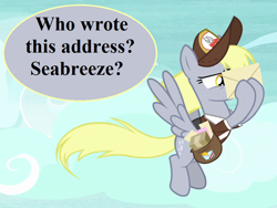 Size: 896x672 | Tagged: safe, edit, edited screencap, editor:korora, screencap, derpy hooves, g4, school raze, bag, cap, envelope, female, hat, implied seabreeze, mail, mailbag, mailmare uniform, mare, picture for breezies (reaction image), sky, solo