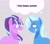 Size: 2250x1960 | Tagged: safe, artist:startrixfan, starlight glimmer, trixie, pony, unicorn, g4, alternate eye color, blue eyelashes, blush lines, blushing, colored eyelashes, colored pupils, duo, duo female, female, gray background, grin, hatless, horn, lesbian, lidded eyes, lineless, looking at each other, looking at someone, missing accessory, missing cutie mark, narrowed eyes, no catchlights, open mouth, open smile, purple eyelashes, purple pupils, red eyes, red pupils, s5 starlight, sharp teeth, ship:startrix, shipping, simple background, smiling, smiling at someone, teeth, thought bubble