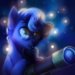 Size: 1900x1900 | Tagged: safe, artist:toxiccolour, oc, oc only, unnamed oc, pony, unicorn, glasses, grin, horn, male, night, redesign, smiling, solo, stallion, stars, telescope