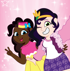 Size: 1200x1208 | Tagged: safe, artist:prixy05, pinkie pie, pipp petals, human, g4, g5, clothes, dark skin, duo, duo female, female, generational ponidox, humanized, light skin, pink background, pipp and her 2nd heroine, selfie