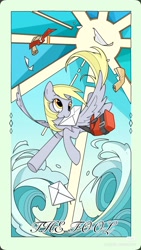 Size: 1080x1920 | Tagged: safe, artist:布丁, derpy hooves, pegasus, g4, bag, mail, mailpony, ocean, passepartout, saddle bag, solo, tarot card, the fool, water, wave