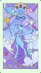 Size: 1080x1920 | Tagged: safe, artist:布丁, trixie, unicorn, g4, belly, epee, fireworks, goblet, horn, infinity, magician, passepartout, rapier, solo, sword, tarot card, the magician, wand, weapon