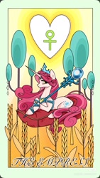 Size: 1080x1920 | Tagged: safe, artist:布丁, princess amore, unicorn, g4, food, heart, horn, passepartout, slender, solo, tarot card, the empress, thin, tree, wheat