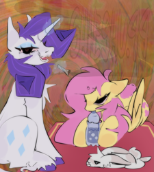 Size: 1773x1972 | Tagged: safe, artist:shieshuqqq, angel bunny, fluttershy, rarity, pegasus, pony, unicorn, g4, bong, drugs, duo, duo female, female, flutterhigh, high, horn, lesbian, marijuana, rarijuana, ship:flarity, shipping, smoking