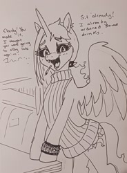 Size: 1505x2048 | Tagged: safe, artist:pony quarantine, oc, oc only, oc:dyx, alicorn, pony, backless, black sclera, booth, cigarette, clothes, dialogue, female, implied cloudy daze, looking at you, mare, older, older dyx, open mouth, open smile, open-back sweater, pen drawing, sharp teeth, sleeveless sweater, smiling, smiling at you, smoking, solo, spiked wristband, sweater, talking to viewer, teeth, traditional art, virgin killer sweater, wristband
