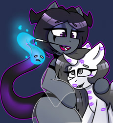 Size: 1182x1280 | Tagged: safe, artist:askhypnoswirl, oc, oc:meer, demon, demon pony, pony, unicorn, eyeshadow, horn, horns, kiss mark, lipstick, makeup, smoking, soul vore, tail, unicorn oc, vore