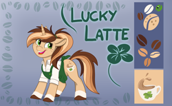 Size: 2936x1809 | Tagged: safe, artist:rutkotka, oc, oc only, oc:lucky latte, pony, unicorn, abstract background, apron, barista, brown hooves, brown mane, brown tail, clothes, coat markings, coffee, collared shirt, color palette, colored hooves, cream coat, eyelashes, female, freckles, gradient background, green eyes, green text, hooves, horn, long tail, looking back, mare, mare oc, multicolored tail, multicolroed mane, open mouth, open smile, ponytail, reference sheet, shirt, smiling, socks (coat markings), solo, standing, tail, text, tied mane, unicorn horn, unicorn oc, white shirt