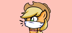 Size: 1280x599 | Tagged: safe, artist:oncensored, applejack, earth pony, pony, g4, arm behind back, bondage, bound and gagged, cloth gag, damsel in distress, gag, over the nose gag