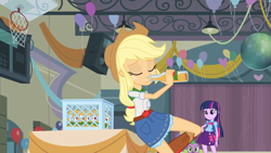 Size: 1280x720 | Tagged: safe, screencap, applejack, spike, twilight sparkle, dog, human, equestria girls, g4, my little pony equestria girls, apple cider, applejack's hat, backpack, banner, belt, boots, bottle, cowboy boots, cowboy hat, curtains, disco ball, drink, drinking, eyes closed, gym, hand on hip, hat, leaning, shoes, spike the dog, stetson, table, trio