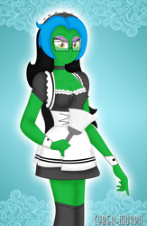 Size: 2976x4568 | Tagged: safe, artist:cyber-murph, oc, oc only, oc:lightning spirit, anthro, equestria girls, g4, breasts, cleavage, clothes, commission, duster, female, french maid, glasses, kissy face, maid, signature, solo