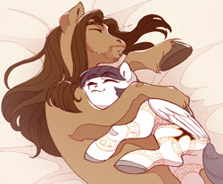 Size: 1638x1350 | Tagged: safe, artist:miss_glowwormis, oc, oc only, oc:solid punch, oc:spicy stir, earth pony, pegasus, colored sketch, duo, duo male and female, earth pony oc, female, hug, hugging a pony, husband and wife, lying down, male, on side, pair, pegasus oc, shipping, size difference, sketch, sleeping, sleeping together, smaller female