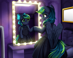 Size: 2559x2044 | Tagged: safe, artist:pridark, oc, oc only, pegasus, pony, bipedal, clothes, dress, female, filly, foal, mare, mirror, pegasus oc, reflection, solo