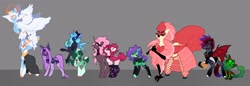 Size: 4096x1417 | Tagged: safe, artist:minty--fresh, oc, oc only, oc:minty fresh, oc:monster mash, oc:pepper fresh, bat pony, changeling, hippogriff, pegasus, pony, unicorn, angel oc, bat pony oc, changeling oc, clothes, disguise, disguised changeling, hippogriff oc, horn, latex, latex socks, pink changeling, socks, timber wolf oc, unicorn oc