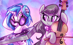 Size: 5196x3188 | Tagged: safe, alternate version, artist:whitediamonds, dj pon-3, octavia melody, vinyl scratch, earth pony, pony, unicorn, g4, absurd resolution, bipedal, bow (instrument), bowtie, cello, cropped, duo, duo female, female, glasses off, grin, headphones, hoof hold, horn, looking at each other, looking at someone, mare, musical instrument, octavia's bowtie, smiling, smiling at each other, smiling at someone, turntable, vinyl's glasses, vinyl's headphones