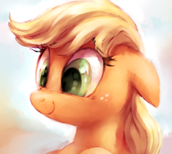 Size: 836x750 | Tagged: safe, artist:whitediamonds, applejack, earth pony, pony, g4, appul, bust, cute, ear fluff, female, floppy ears, freckles, hatless, jackabetes, mare, missing accessory, nose wrinkle, portrait, smiling, solo, wip