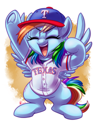 Size: 2550x3300 | Tagged: safe, artist:whitediamonds, rainbow dash, pegasus, pony, g4, abstract background, baseball, baseball cap, cap, cheering, clothes, commission, commissioner:ajnrules, cute, dashabetes, ear fluff, eyebrows, eyebrows visible through hair, eyes closed, female, frog (hoof), hat, high res, hoof in air, hooves in air, hooves up, mare, mlb, open mouth, open smile, raised hoof, shirt, sitting, smiling, solo, sports, spread wings, tail, texas, texas rangers, underhoof, wings