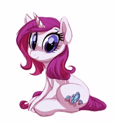 Size: 2850x3000 | Tagged: safe, artist:whitediamonds, oc, oc only, oc:white diamonds, pony, unicorn, big eyes, blue eyes, colored sketch, cute, doodle, eye clipping through hair, eyelashes, female, high res, horn, looking at you, mare, not rarity, pink mane, pink tail, simple background, sitting, sketch, smiling, smiling at you, solo, tail, unicorn horn, unicorn oc, white background, white coat