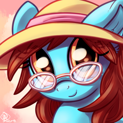 Size: 1800x1800 | Tagged: safe, artist:whitediamonds, oc, oc only, oc:mystic lens, pony, abstract background, bust, commission, cute, female, glasses, hat, looking at you, mare, ocbetes, portrait, smiling, smiling at you, solo, sun hat